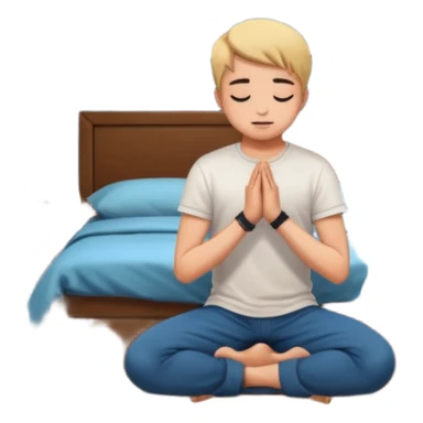 Gen Z youth kneeling in bedroom at night, praying, phone on nightstand, casual wear, posters on wall sticker