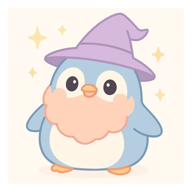a chubby penguin wizard with a big beard and pointy hat surrounded by sparkles, playful vibrant style sticker