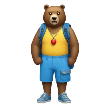 a brown bear wearing a blue backpack and yellow shorts and a sharktooth necklace, with a red bird emerging from his blue backpack. sticker