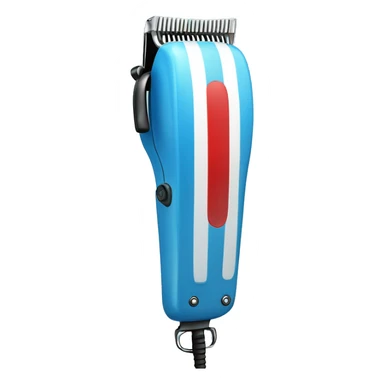 hair clipper with a barber pole near blue present box with red bow sticker