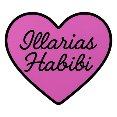 Change the font of the text 'Illarias Habibi' to a script or handwritten style, keeping the black and purple heart design with no background. sticker