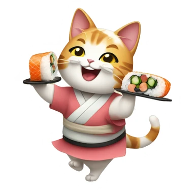 happy girl cat eating sushi and dancing sticker
