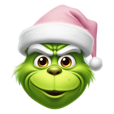 grinch face with a smirk wearing a light pink santa hat sticker