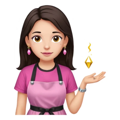 Fille cheveux long châtain foncé, peau beige type européen yeux marron, teeshirt rose avec un tablier noir, piercing au nez anneau doré, boucle d’oreille type diamant doré. Elle fait les ongles nail artiste sur le tablier écrire NIELART en rose  sticker