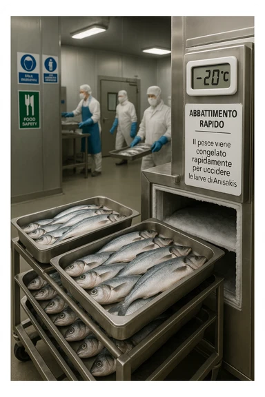 a fish processing facility where freshly caught fish are placed on trays and moved into a large industrial freezer. A temperature gauge shows -20°C, and an educational label explains that rapid freezing (abbattimento) is used to kill Anisakis larvae. The background includes workers in protective clothing and clear signage about food safety. in italiano sticker