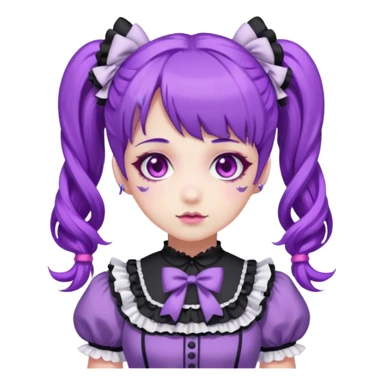 sweet lolita with purple hair in twin tails, pink eyes, white skin, wearing a purple and white frilly dress sticker