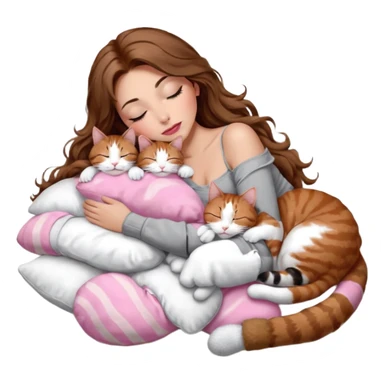 girl with long wavy brown hair, brown eyes, long lashes makeup, sexy pink lips, light to medium complexion,  sleeping on a cozy pillow, with 6 cats: 1 brown and white tabby cat, 1 ginger and white, 2 grey and white, 1 grey with white mittens and small white patch on chest and 1 calico, sleeping sticker