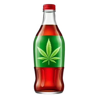 iconic curved Coca-Cola style glass bottle in red with a green cannabis leaf printed on it sticker