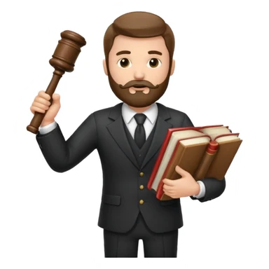 Create a male lawyer. he is wearing a fromal suit jckeret. He is holding a gavel in one hand and a book tucked under his another arm. He has beard  sticker