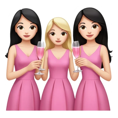 Three woman, one with black hair, the other with brown hair and the last one with long blonde hair the three with pink different dresses celebrating with pink champagne sticker