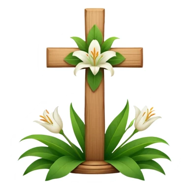 A wooden cross with lilies around the base sticker