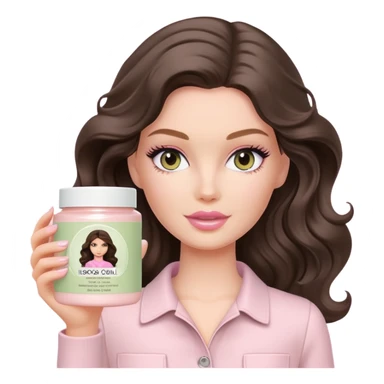 A white Barbie girl with long dark brown wavy hair in pale olive clothes holds Pale pink body moisturizer cream pot with label sticker