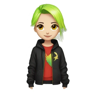 Lady with brunette and iridescent blue hair, gold, lime green dragon wings, black hoodie, bleach dyed, black and gold Nike t shirt, and bright red eyes sticker