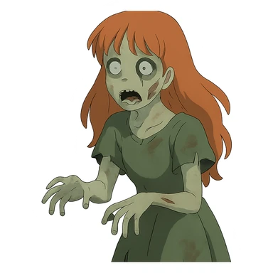 ghibli style zombie girl with long ginger hair and bangs sticker