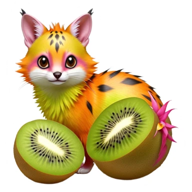 Hyper realistic  tropical-fruit-splash-colored fur of kiwi-lime-gradients, papaya-orange, and dragonfruit-pink chaos beautiful elegant pretty precious cute  Fakémon-Pokémon-opossum-feline-serval-caracal-chinchilla-Furret-Minccino-hybrid-creature with a big fluffy bushy tail (full body) sticker