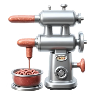 sausage-processing droid. retro-futuristic style. top is a circular industrial meat grinder with rotating gears and blades. Two robotic arms feed material into grinder. Sausage links extrude from the rear like  factory. The body is metallic, compact, and floats above the ground.no legs. Dark humor sticker