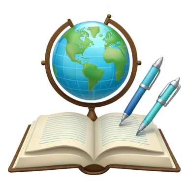 Create an emoji representing language translation. The design should feature a single globe in the background, symbolizing international communication. In front of the globe, place two opened books, with texts in it and a pen nearby to indicate the act of writing and vocabulary. Use a clean and professional color palette with blues, greens, and neutral tones. Do not include any emojis or smiley faces. Make the background transparent sticker
