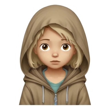 Young beggar little girl character, chest-up portrait, wearing worn and oversized clothes, hair is visible, neutral earth-tone fabric, slightly messy hair peeking from under a hood, tired but gentle eyes, subtle dirt marks on face, sticker