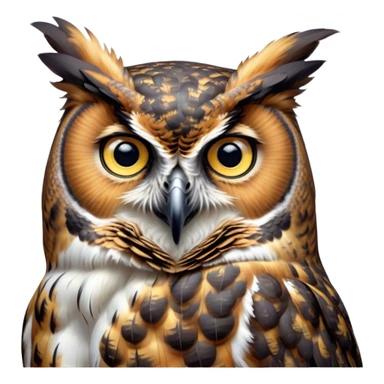 Cinematic Deep Thought Great Horned Owl Portrait Emoji, Head held high with a calm, reflective gaze, showcasing a beautifully mottled plumage and piercing golden eyes that seem to ponder the mysteries of the night, Simplified yet majestically refined features, highly detailed, glowing with a soft, contemplative light, high shine, poised and thoughtful, stylized with an air of profound introspection, capturing the essence of an owl deeply engaged in thought, so thoughtful it feels like it could silently share timeless secrets from beyond the screen! sticker