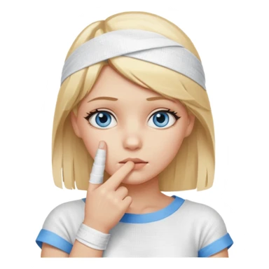 blonde-haired, blue-eyed, fair-skinned girl with her index finger completely covered in a bandage, finger on chin, thinking sticker