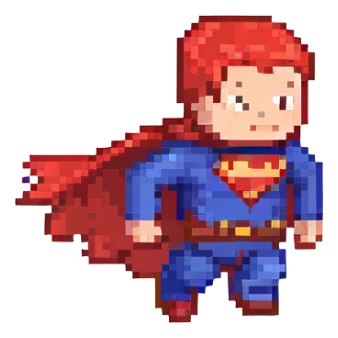 Superman small and blocky, red cape and blue suit, mid-flight, pixel art style sticker