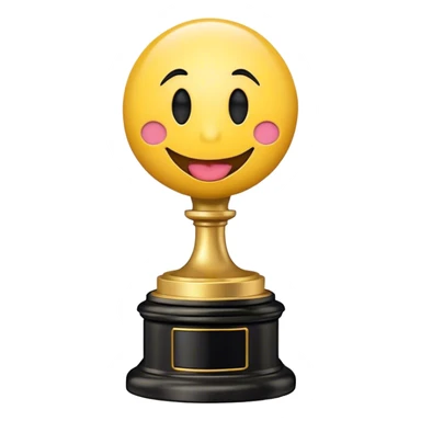 An Oscar statuette with a black base and a smiling round emoji face for the head, with its tongue sticking out. The emoji face should have no rosy cheeks. sticker