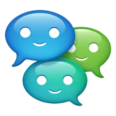 Create an emoji-style icon with two overlapping chat bubbles and a small phone or info symbol, representing ‘Contact Us’. Cute, colorful, rounded design sticker