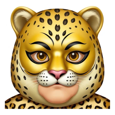 a fat old man, with a leopard suit,  wear half-face golden Leopard masquerade mask sticker