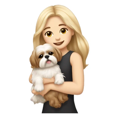 human girl with long wavy brown hair hugging a blonde cream colored shih tzu girl with bow sticker