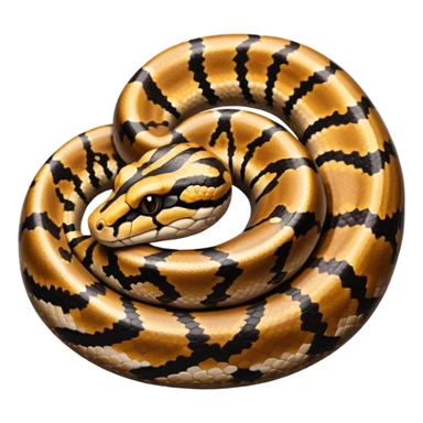 A photo-realistic top-down view of a Ball Python gently coiled into a tight spiral, with its head resting peacefully at the center. Its scales are warm brown with bold, irregular black markings, including the distinctive “alien-head” pattern, flowing smoothly along its body.  sticker