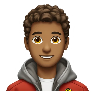 A brown Arab teenage boy smiling brown eyes with a Ferrari jacket sticker