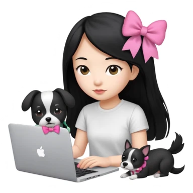 Asian girl long black hair, wearing a white t-shirt, working on an Apple laptop, next to her is a small black and white dog in pink bow sticker