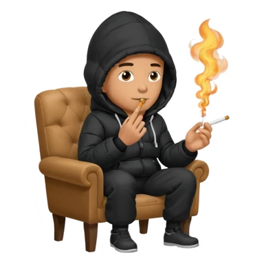 A man sitting on a chair, wearing a black puffed coat with hood, hands in his pocket, smoking a cigaret, he is on a chair i sticker