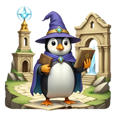 A wizard-explorer penguin wearing a slightly worn enchanted yellow hat and a flowing cape, standing in front of an ancient ruin. The penguin holds a spellbook in one hand and a magical artifact in the other, ready to unlock the secrets of a lost civilization sticker