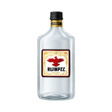 clear bottle of rumpleminze clear alcohol with a label that black with red border and font that has a small gold eagle on the label that says “RUMPZ” sticker