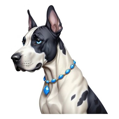 Cinematic Noble Harlequin Great Dane Portrait Emoji, Poised and regal, with a towering, muscular build and a striking coat of predominantly white with bold black patches, deep-set soulful blue eyes, Simplified yet sharp and sophisticated features, highly detailed, glowing with a soft, dignified glow, high shine, intelligent and loyal, stylized with an air of majesty, focused and attentive, soft glowing outline, capturing the essence of a watchful and confident guardian, so majestic it feels as though it could stride out of the screen with effortless authority! sticker