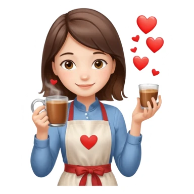 Cute daughter asking her mom for coffee, holding a steaming glass mug of Nescafe, shy smile, cozy kitchen scene, soft watercolor style, floating hearts, high resolution, sticker style sticker