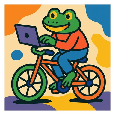 a frog working on a laptop while riding a bike, fun and whimsical style, colorful and playful cartoon illustration sticker