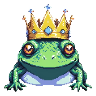 pixel art crowned frog close-up face with crown sticker