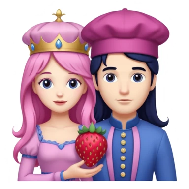 pale blueberry prince man Handsome with long black hair blueberry hat and clothes. He is standing  next to pale strawberry princess woman with strawberry hat eyelashes long pink hair and Pink strawberry dress with purple grape baby sticker