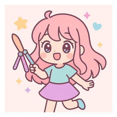 cute anime girl happily playing with a balisong, vibrant colors, big expressive eyes, joyful expression, soft shading, detailed hair, dynamic pose, energetic background sticker