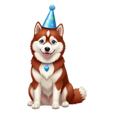 red siberian husky with blue eyes, sitting, wearing a party hat sticker