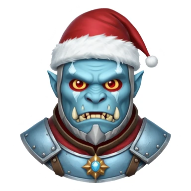 
Fantasy Christmas orc legion soldier icon, iron tundra army theme, heavy winter armor, disciplined brutal look, icy blue steel armor with deep crimson accents, frozen metal texture, cold winter atmosphere, male variant sticker