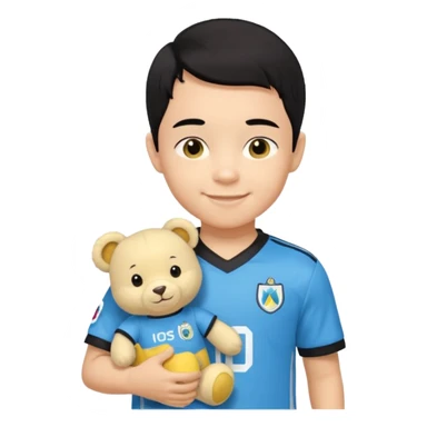 Un enfant qui a les cheveux noir sur le coter qui sourit il a un maillot de l’om et qui a un petit doudou jaune sur son epaule sticker