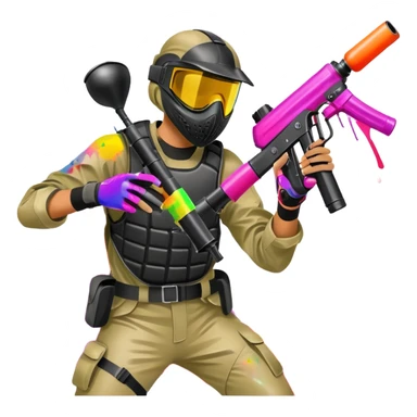 A dynamic scene of a player in action, holding a paintball gun and wearing protective gear. The background shows a vibrant paintball field with obstacles, colorful splatters of paint in the air, and an intense, competitive atmosphere. sticker