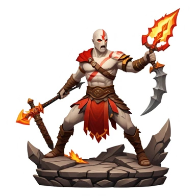 An icon showing a powerful warrior wielding a weapon, ready for battle, inspired by God of War: Ragnarok. The design features a fiery, war-torn landscape with broken statues and lightning in the sky, symbolizing epic combat. Transparent background highlights the action. sticker