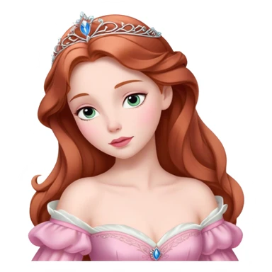 Cinematic Elegant Sleeping Beauty Portrait Emoji, rendered in a realistic, vector-style with minimal shading and bold, simplified shapes. Depict Aurora (Sleeping Beauty) (chest and above) with delicate porcelain skin, soft auburn hair styled gracefully, and gentle, dreamy eyes, dressed in her classic pink gown. The image glows with a soft, enchanting radiance and high shine, capturing timeless regal beauty. sticker