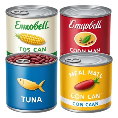 Four different canned food items in a row, soup can, beans can, corn can, tuna can sticker