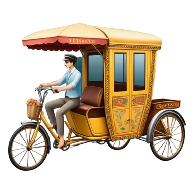 Cyclo rickshaw – Cinematic Realistic Cyclo Rickshaw, depicted as a charming, ornately painted three-wheeled cycle taxi with vintage detailing, set on bustling city streets under dynamic urban lighting that evokes cultural heritage and nostalgic charm. sticker