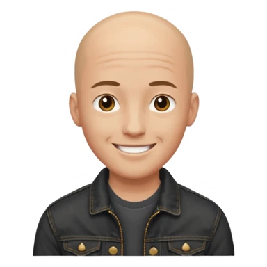 a young man with bald head, black jeans jacket, plain forehead sticker